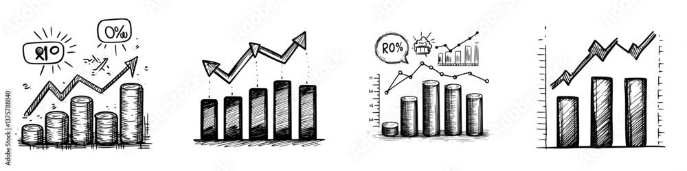 Poster various hand-drawn graphs illustrating growth trends and statistical data on performance and returns