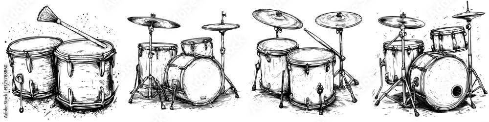 Poster different drum sets arranged side by side showcasing various components and designs