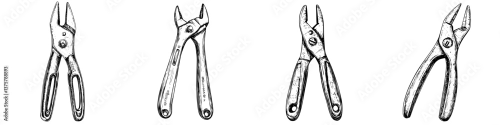 Poster Various types of pliers arranged in a horizontal layout showcasing their distinct shapes and functions