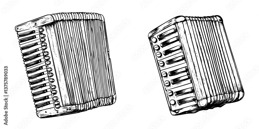 Poster accordion illustration showcasing detailed design from multiple angles in artistic style