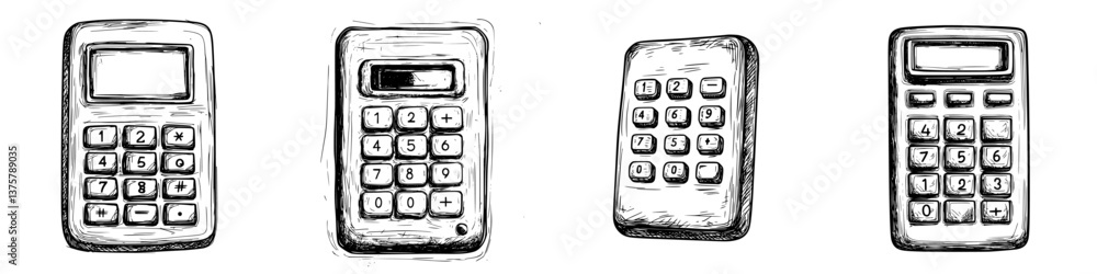 Poster different styles of calculators displayed in a hand-drawn illustration showing various designs and b