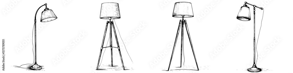 Poster drawing of various floor lamps showcasing different styles and structures in a minimalist design