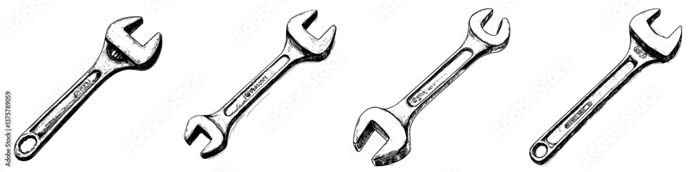 Aufkleber various styles of adjustable wrenches arranged in a line showcasing their unique designs and feature