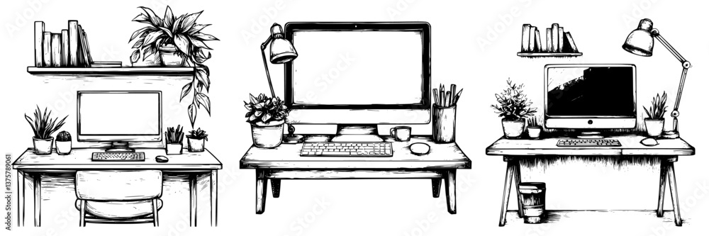 Poster stylish home office workspace designs featuring plants and clean desk setups with multiple computer 