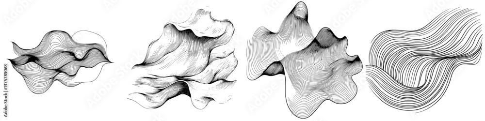 Poster abstract line patterns showcasing fluid shapes and movement with a monochromatic color scheme origin