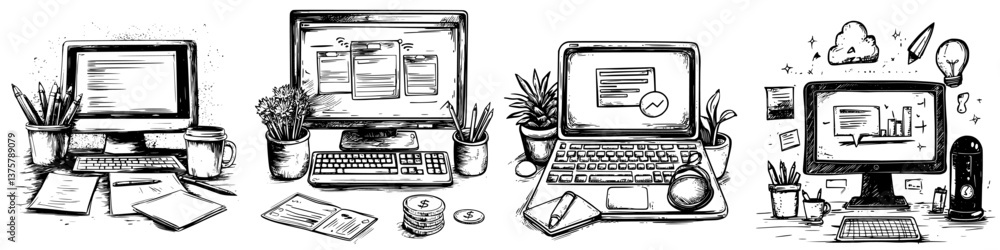 Poster workspace illustrations showing different computer setups with plants and stationery for creative pr