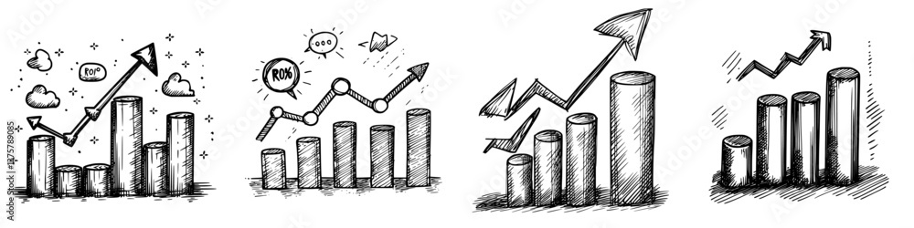Poster graphs illustrate upward trends in performance over time with distinct designs and styles showcasing