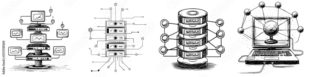 Poster Visual representation of data storage systems and network architecture in a digital environment
