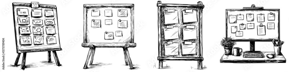 Poster variety of presentation boards and workspaces displaying notes and ideas for effective communication