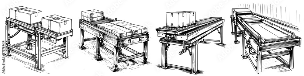 Poster conveyor belt systems transporting boxes in a warehouse setting for efficient logistics operation