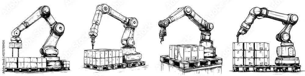 Poster Robotic arms assembling and stacking boxes on pallets in a warehouse setting