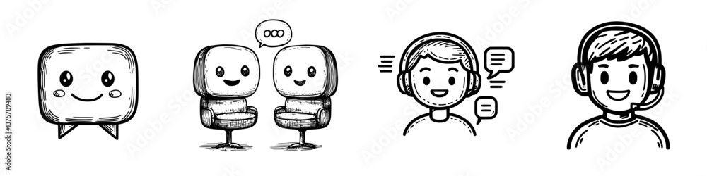 Poster characters interacting in a casual environment featuring friendly faces and communication tools