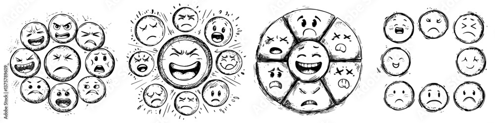Poster expressions of joy, sadness, and surprise captured in unique sketches displaying a variety of emotio