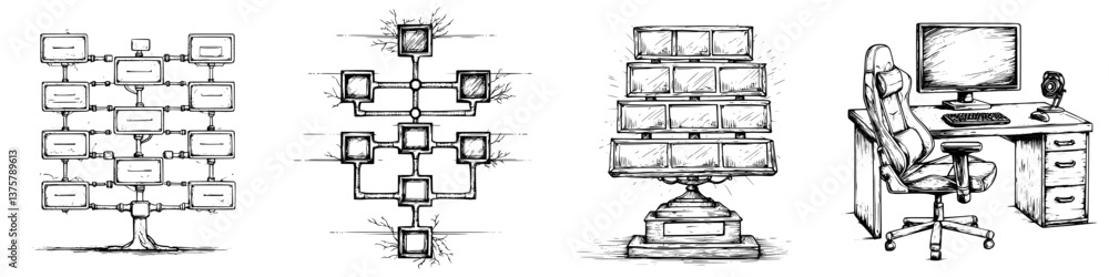 Poster detailed illustrations of flowcharts and an office setup demonstrating organizational processes and 