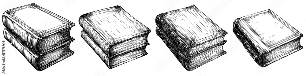 Poster various stacks of vintage books arranged in a row on a plain background showcasing different angles 