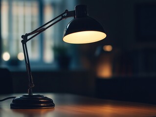 Desk lamp illuminates wooden office desk in dark interior, creating a warm, inviting workspace with soft light