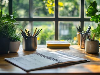 Serene workspace featuring an open notebook, desk accessories, and plants by a bright window.