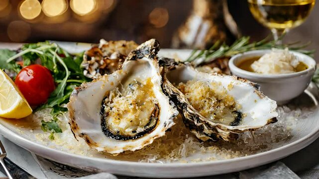 Fresh grilled oysters resting on crushed ice, garnished with parmesan, herbs, lemon