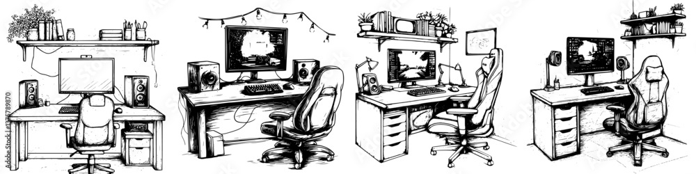 Poster various computer desk setups showing diverse styles and organization for home offices and workspaces
