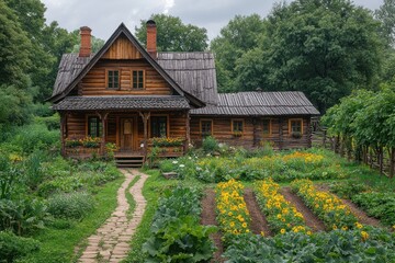 Obraz premium Authentic Ukrainian farm - rural homestead with wooden buildings, garden, and nature