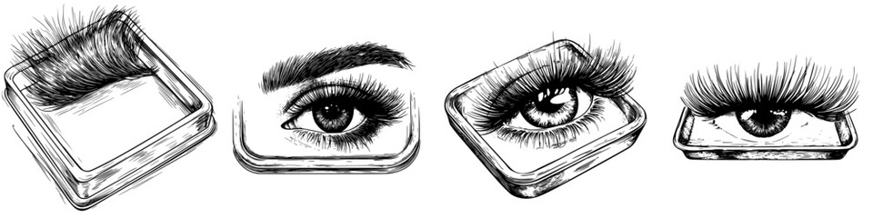 Intricate drawings of eyelashes and eyes showcasing beauty products in a creative layout