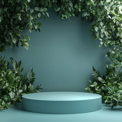 Green foliage backdrop with circular display platform  