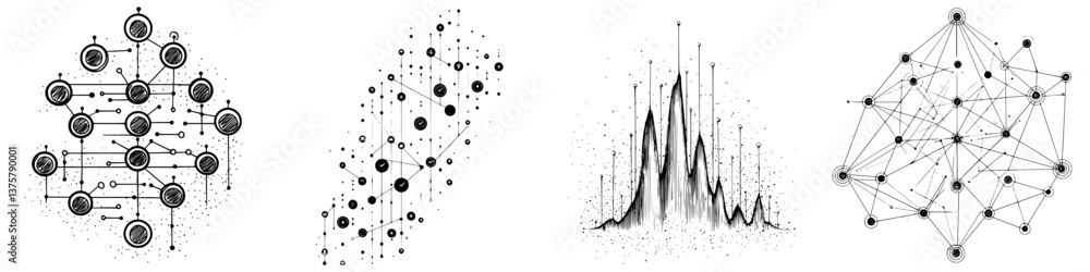 Poster abstract black and white representations of network connections and data flow in a digital landscape