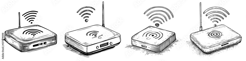 Poster different models of wireless routers shown together with signal indicators in a sketch style