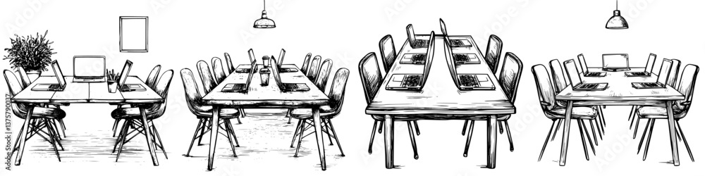 Poster Meeting room setup featuring multiple tables and chairs for collaborative work in a modern office environment