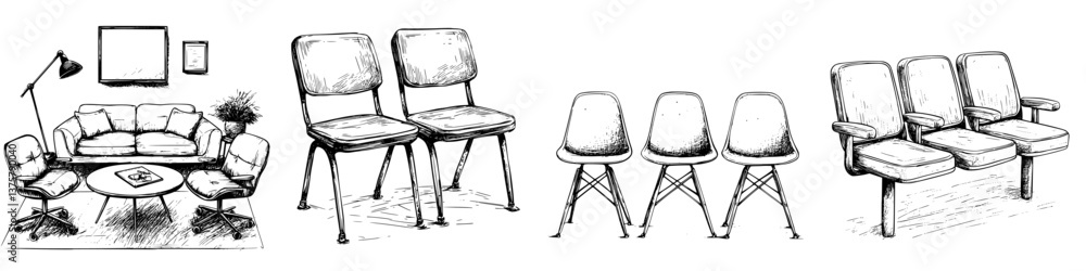 Poster stylish furniture design display featuring various seating options in a minimalist setting