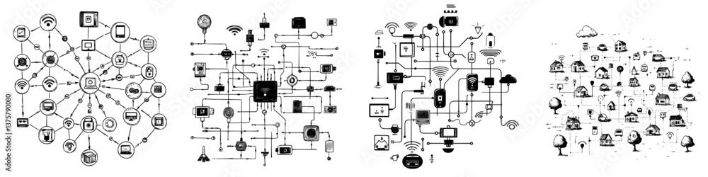 Poster visual representation of interconnected digital devices and networks in a modern technological envir
