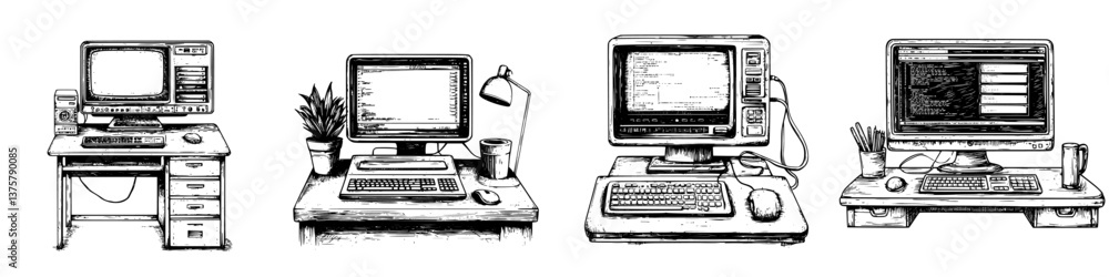 Poster evolution of desktop computers showcasing four distinct workspaces from retro to modern design