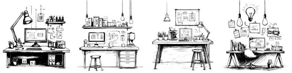 Fototapeta premium Creative workspaces with modern desks, gadgets, and artistic elements in a minimalist style