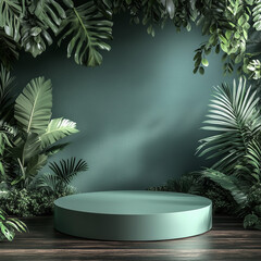 Green tropical stage surrounded by lush leaves and plants  