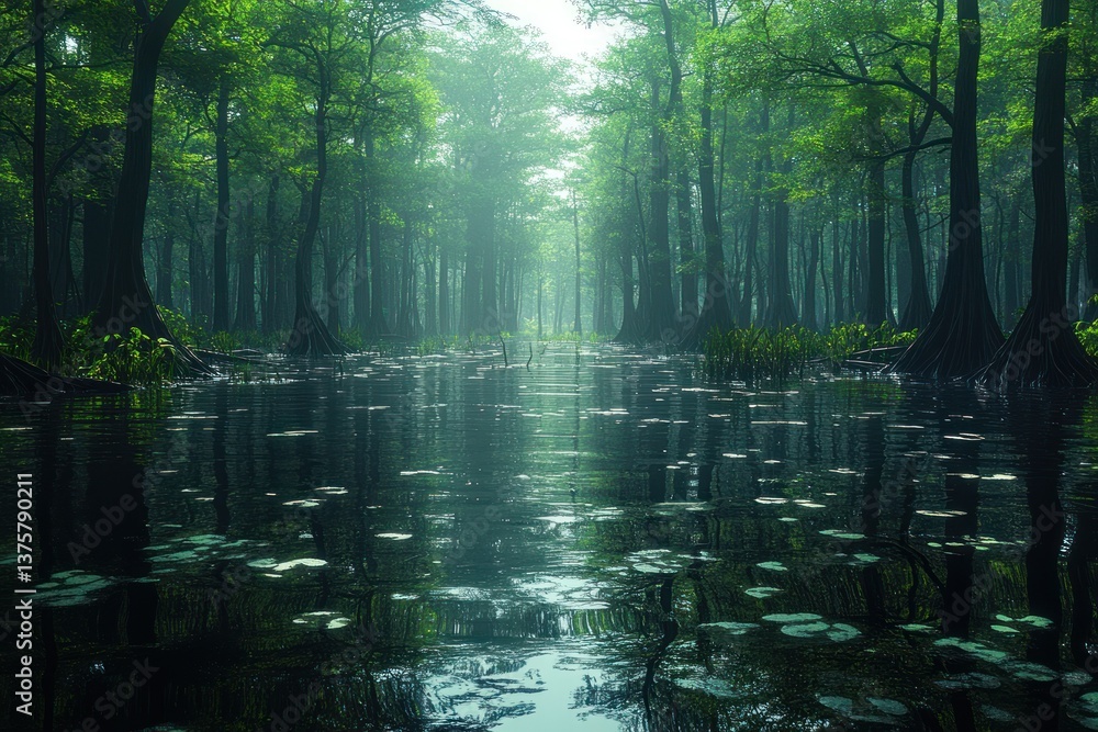 Poster sunlit swamp path through misty cypress trees, background forest, scenic view