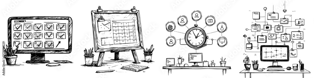 Poster creative illustration of time management tools in a workspace setting with calendars, checklists, an