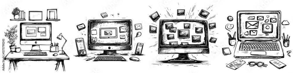Poster creative digital workspace illustrations showcasing various computer setups with messages and applic