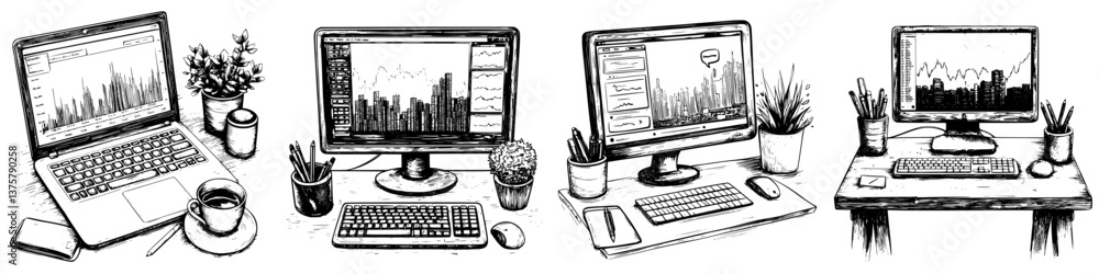 Aufkleber various workstations with computer screens displaying graphs and urban landscapes in a minimalist st