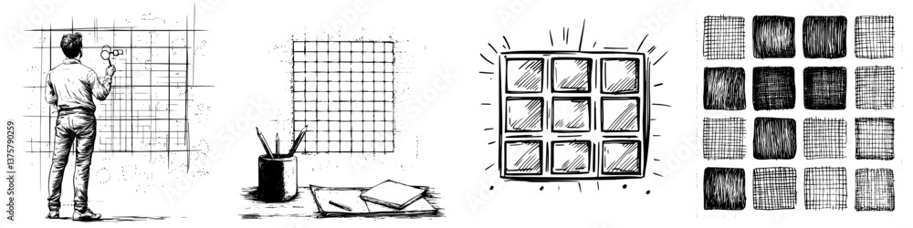 Poster creative process of grid drawing and pattern design in an art studio environment showcasing artistic