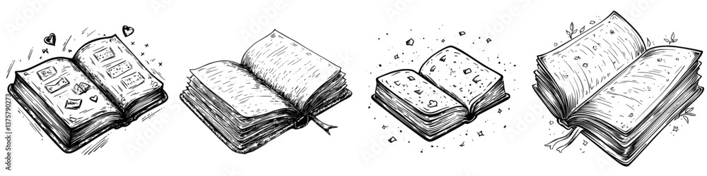 Poster various open books with detailed designs showcasing different pages and textures in a sketch style