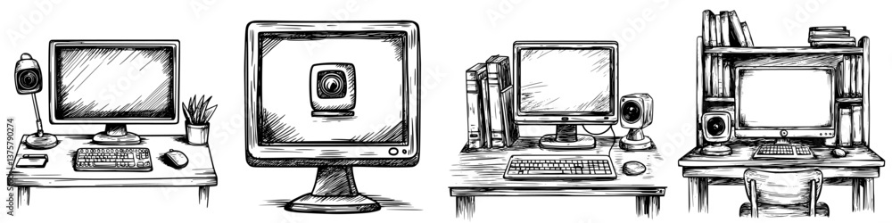 Poster artistic sketch of computer workstation setups in different styles at a creative workspace