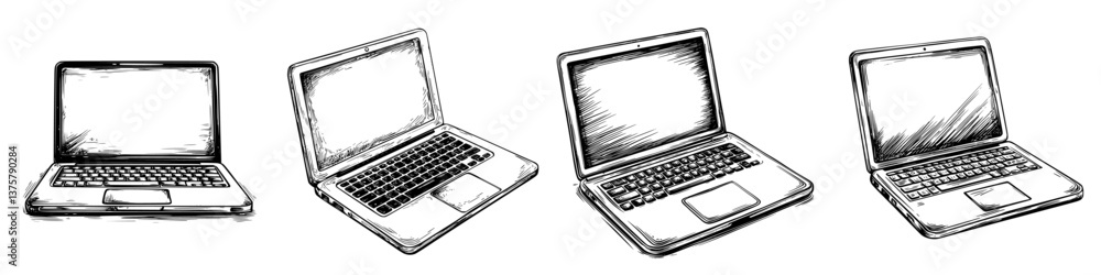 Poster multiple laptop designs displayed from various angles with sketch-like illustration style