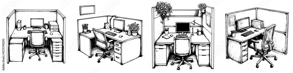 Poster workstations designed for productivity with different styles and arrangements in a modern office env