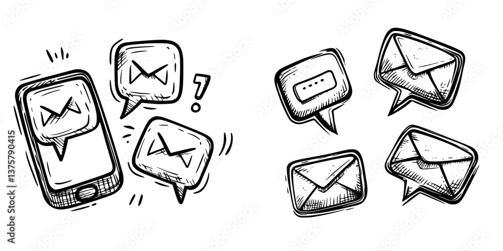 Poster digital communication icons representing messages and notifications on a smartphone and envelopes wi
