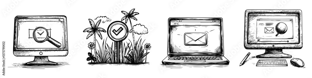 Aufkleber visual representation of digital communication and online verification process in a clean, stylized 