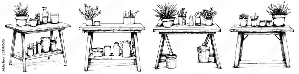 Poster rustic tables displaying greenery and art supplies in a creative workspace filled with natural eleme