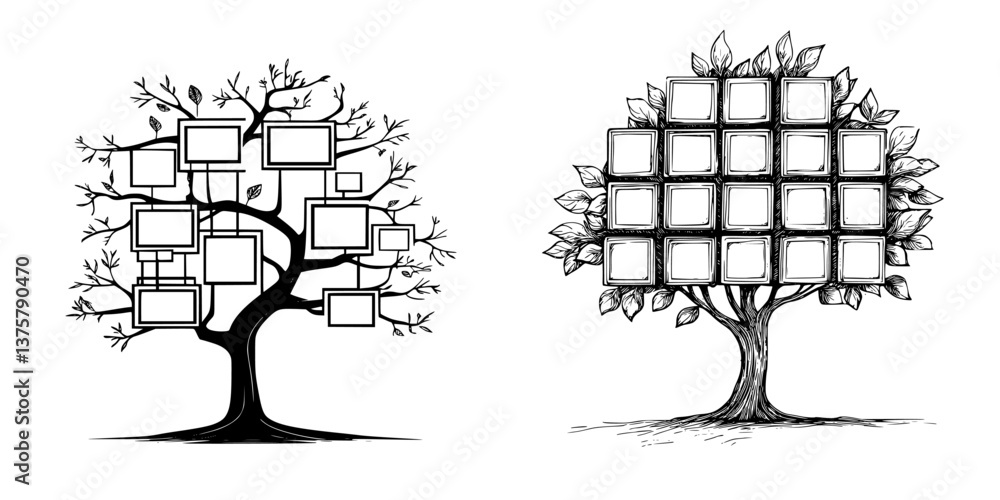 Poster artistic representation of two distinct tree designs showcasing different visual elements and struct