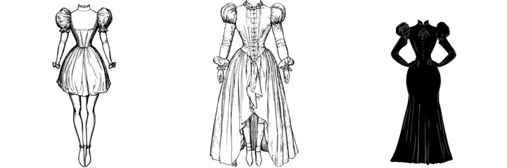 Fototapeta premium Fashion sketches showcase various dress designs featuring puff sleeves and elegant silhouettes in a creative presentation