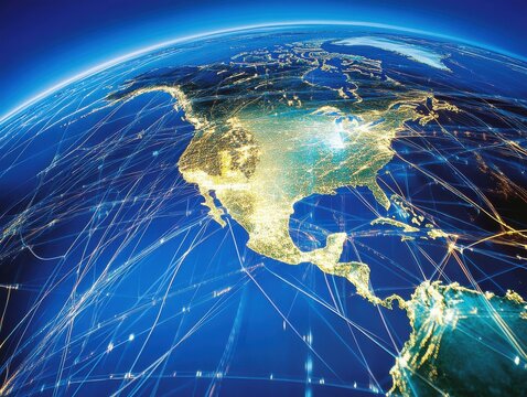 Digital globe visualization of global network connections illuminating North and Central America from space.