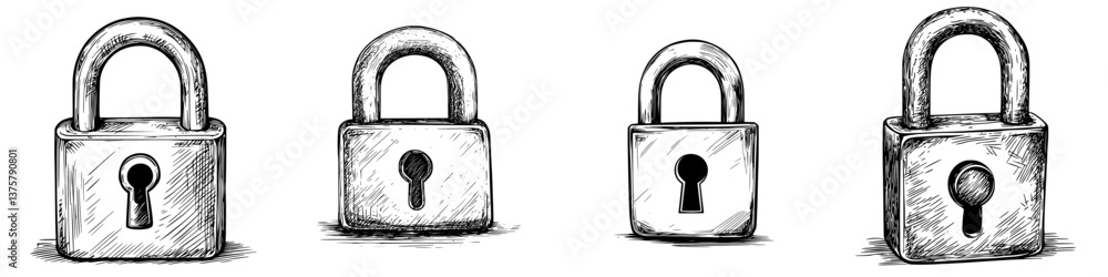 Poster different styles of padlocks displayed on a white background illustrating security concepts and mech